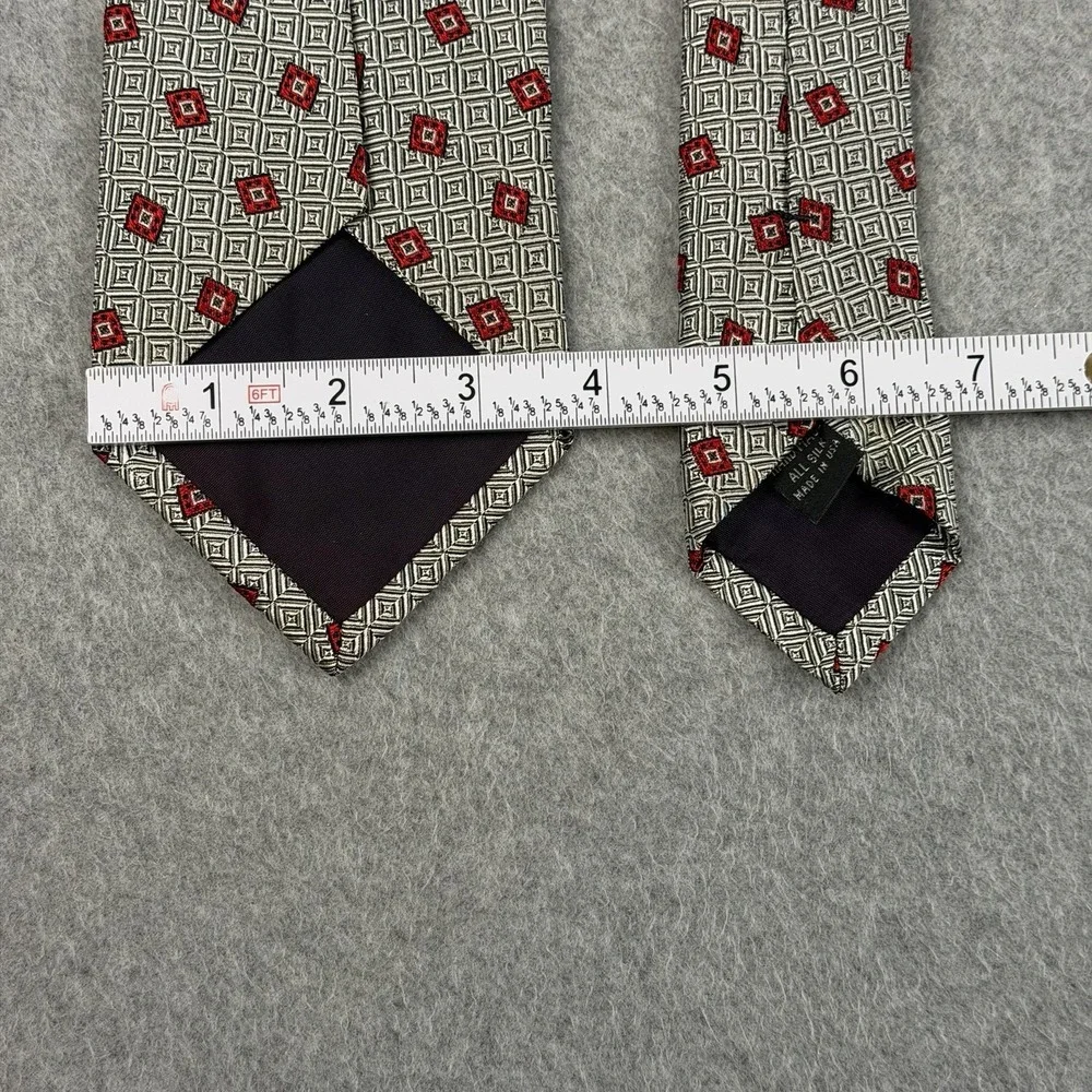 Vintage Garrick Anderson Silk Tie Gray Red Geometric USA Handmade 90s 58x3.75